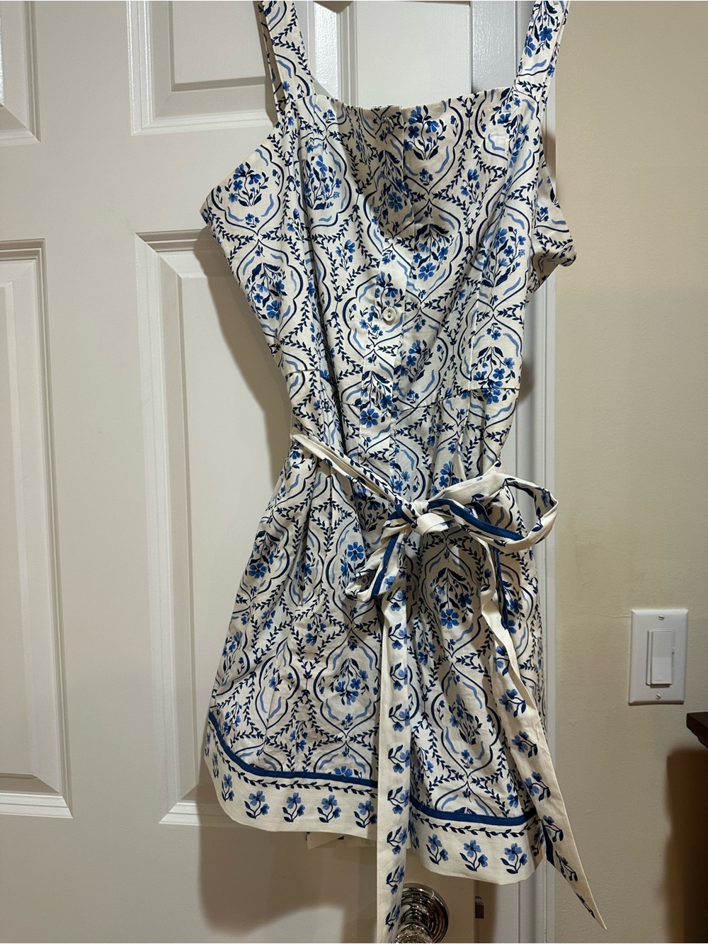 H&M Blue and White Floral Tie-Waist Romper